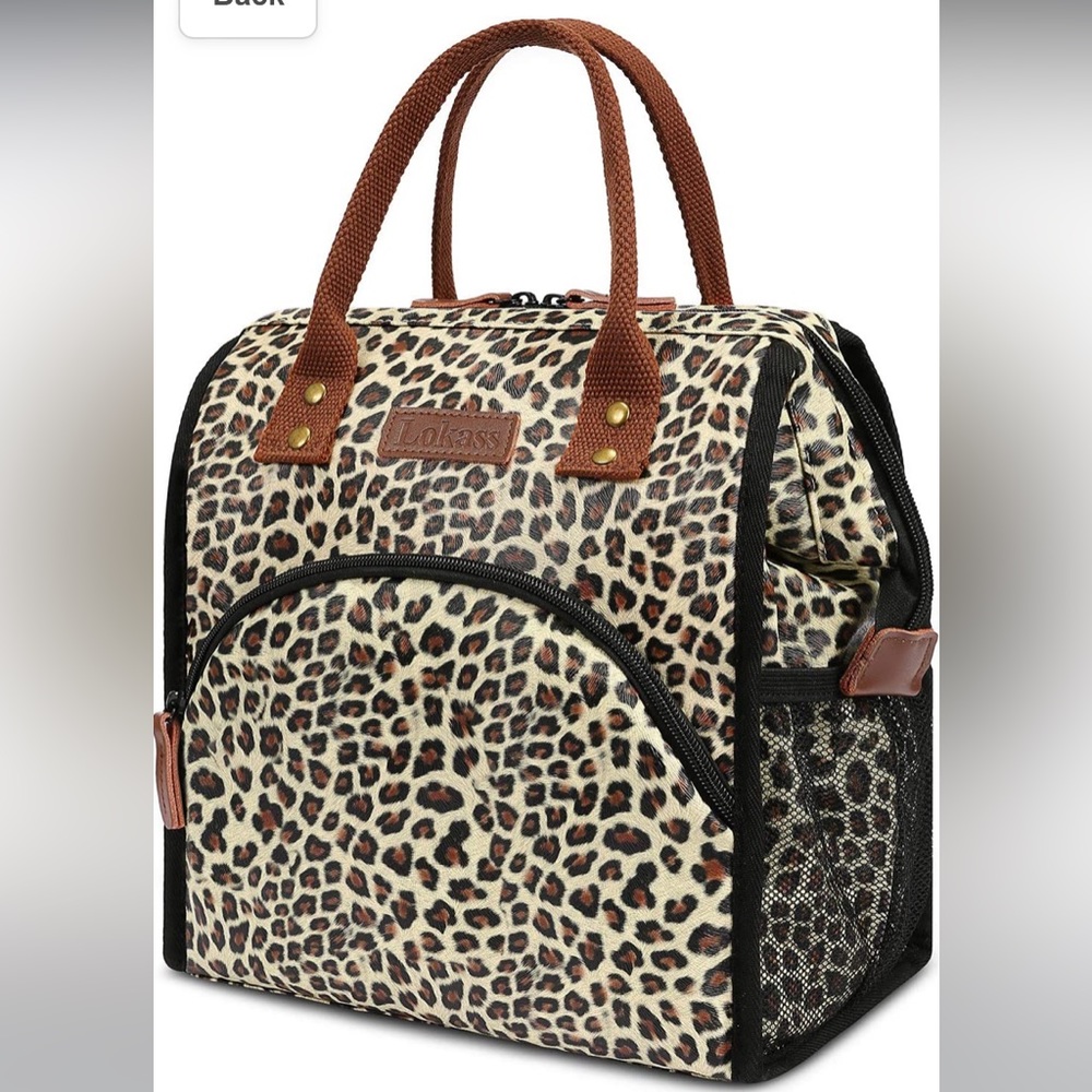 Lokass large Leopard lunch bag cooling bag with front and side pockets